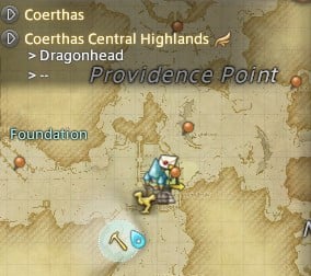 Map of Corthas Central Highlands (SW of Camp Dragonhead), showing the location of Jade mining, as well as the location of the "To Die For" level 40 Mining Quest
