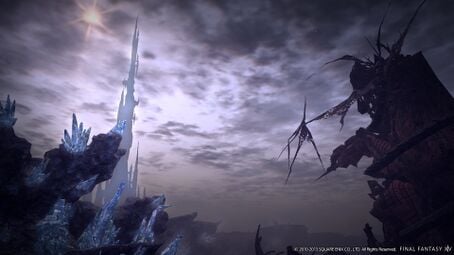 The corpse of Midgardsormr wrapped around the wreck of the Agrius with the Crystal Tower in the background