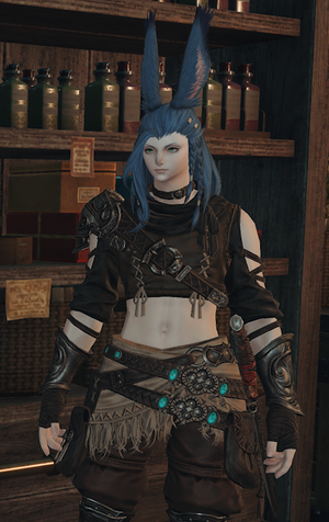 Screenshot of Uvlo, a pale Veena Viera with long blue hair done in braids.