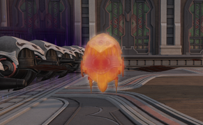 Rearguard Mine in motion, on path across boss stage floor mid battle.