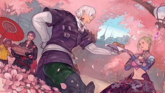 Artwork before it was adjusted. Thancred can be seen wearing a dark crystal necklace.